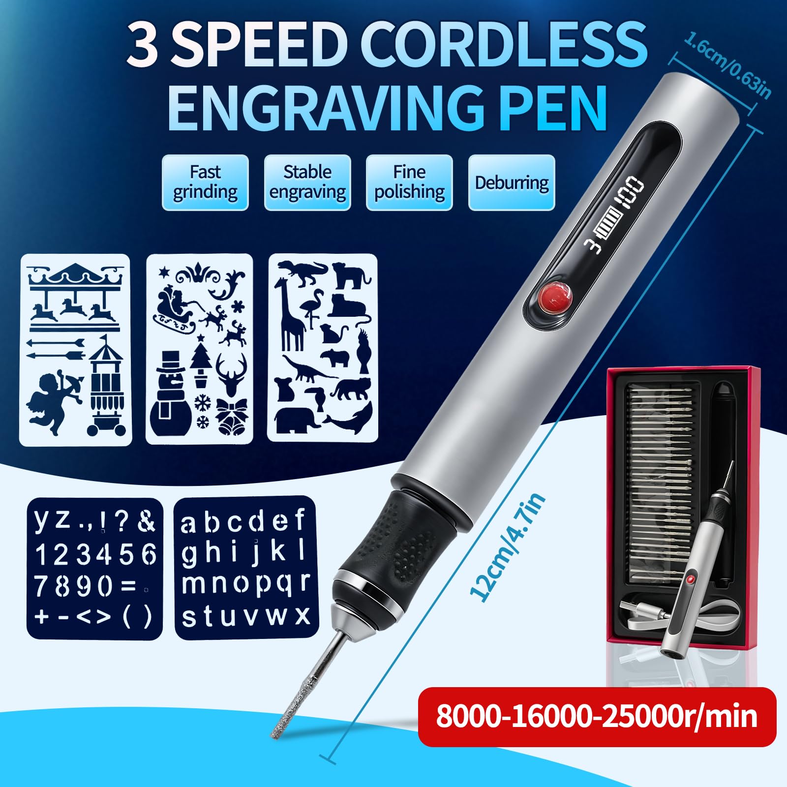 Stylo de gravure électrique avec 30 bits, mini outil de gravure, régulateur à 3 vitesses à 25 000 tr/min, appareil de gravure rechargeable USB pour verre, bois, plastique, céramique pour artistes et