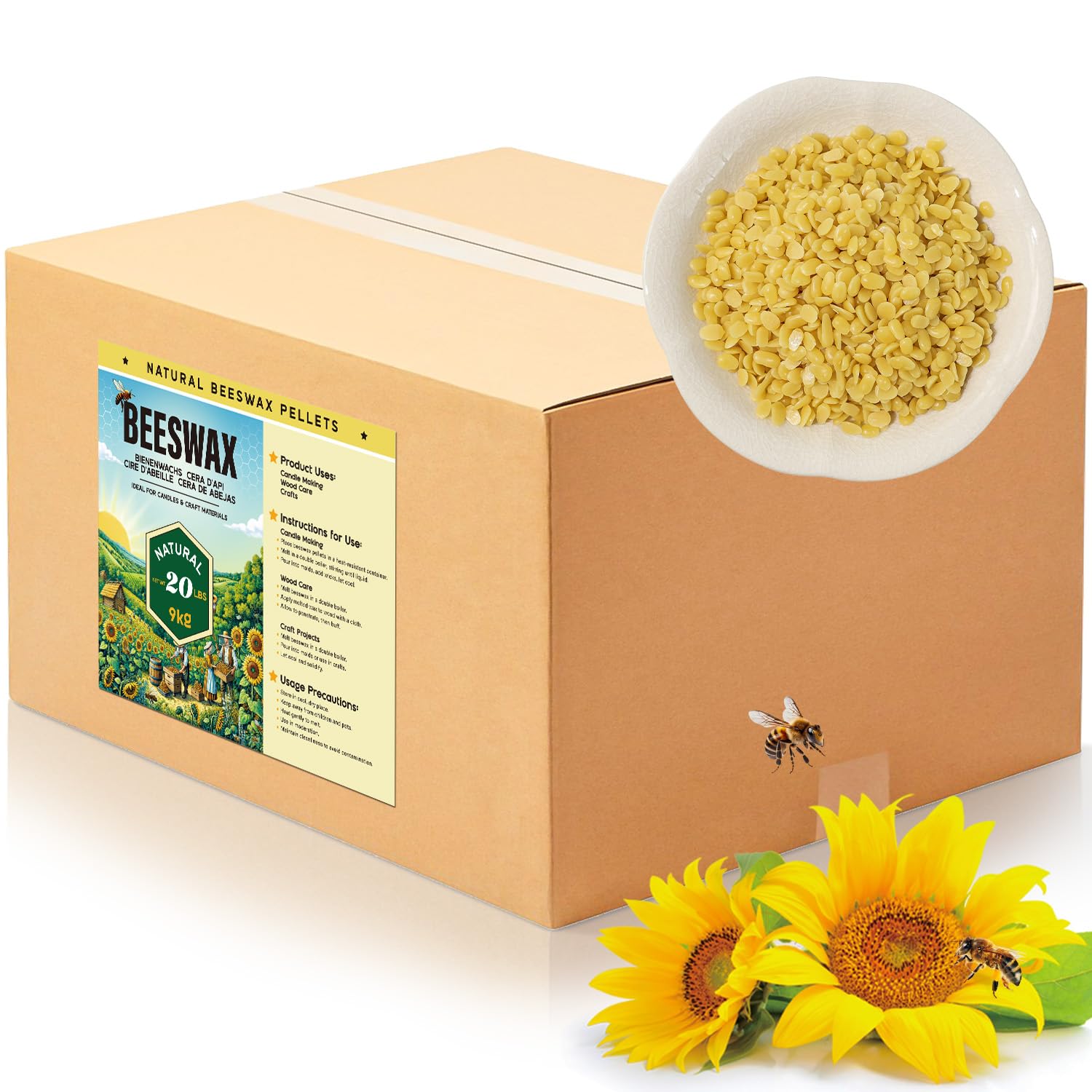 Beeswax Pellets for Candle Making - 9KG Organic Beeswax for Candles, DIY Projects, and Skin Care Supplies (Yellow Beeswax)