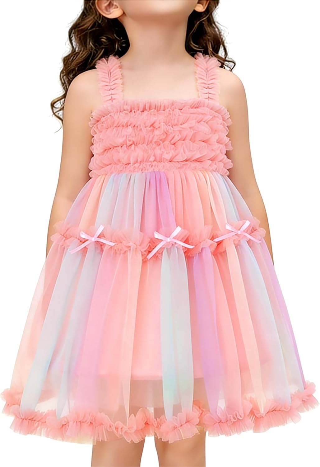 YALLET Flower Girl Dress Ruffle Trim Back Smocked Holiday Princess Dresses Gradient Tulle Pageant Gown for Wedding Birthday