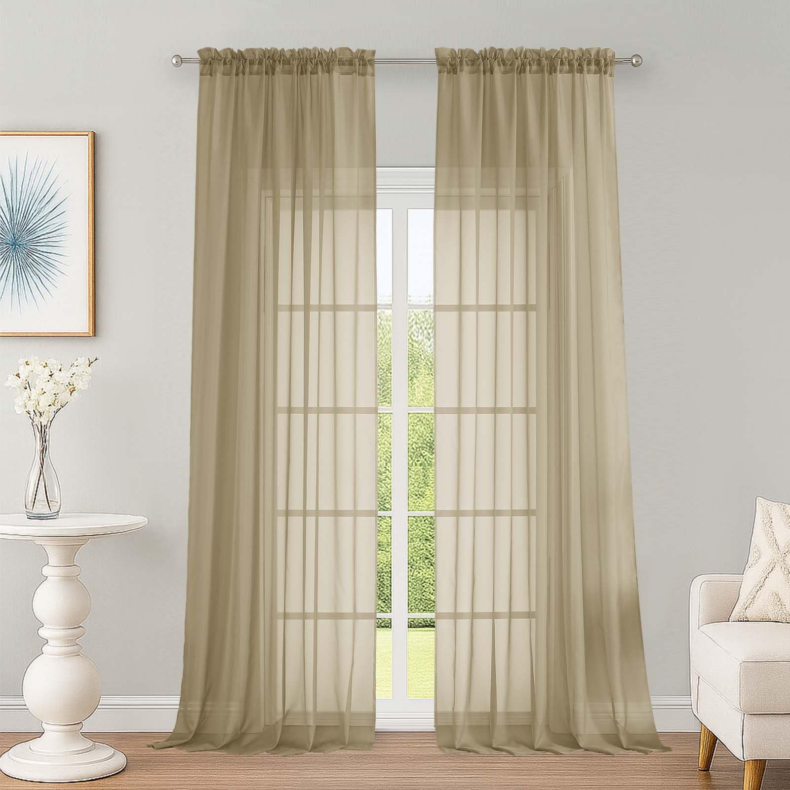 OWENIE Taupe Sheer Curtains 96 inch Length 2 Panels Set, Rod Pocket Voile Fimly Sheer Drapes for Living Room/Bedroom, 2pcs, Each 52" W x 96" L