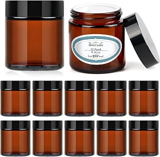 Qeirudu 4 Oz Small Amber Glass Jars with Black Lids, 12 Pack Airtight Cosmetic Jars with Inner Liners Round Empty Sample Containers for Lotions, Creams, Candles, Body Butters, Essential oil