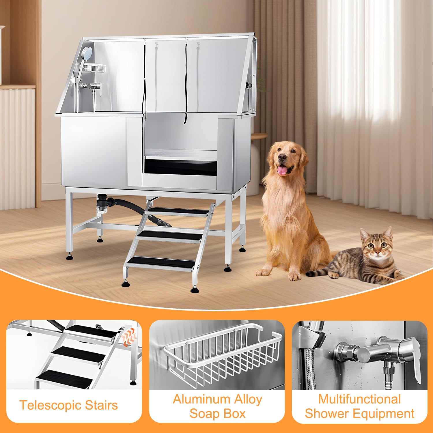 Stazione di lavaggio per cani in acciaio inox, vasca professionale con lavandino per animali di taglia grande, media e piccola