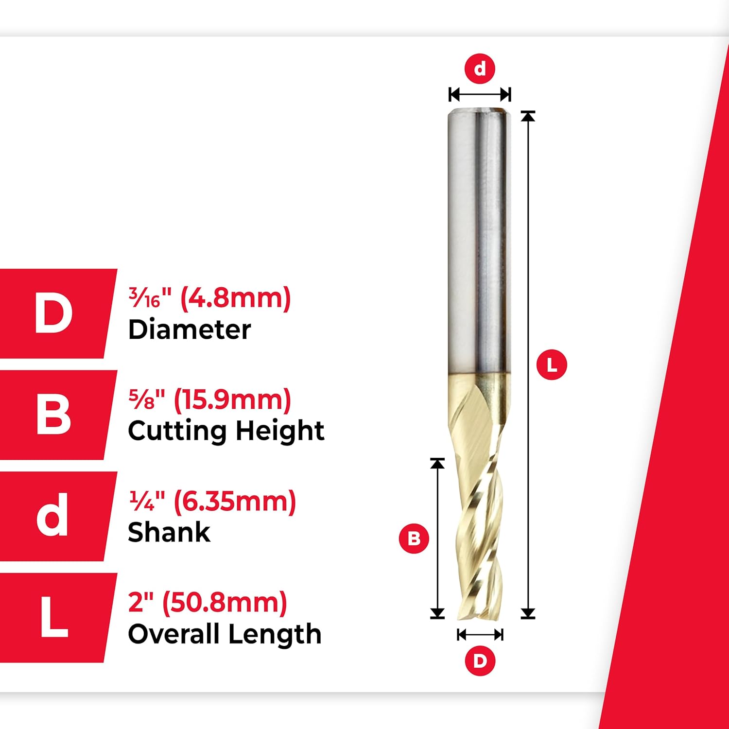 Amana Tool CNC Solid Carbide Up-Spiral Router Bit for Composite, Fiberglass, Phenolic, ZrN Coated, 46092, 3/16 Dia x 5/8 x 1/4 Shank x 2-1/2 Inch Long