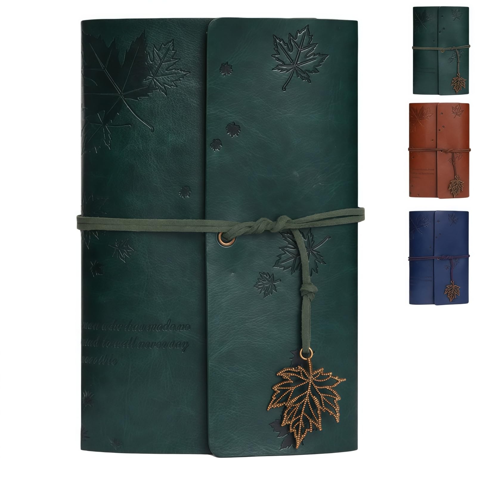 HUANYO Leather A6 Notebook, Refillable Maple Leaf Embossed Vintage Journal, 18.2x12.7cm Travel Diary Gift for Women & Men (green)