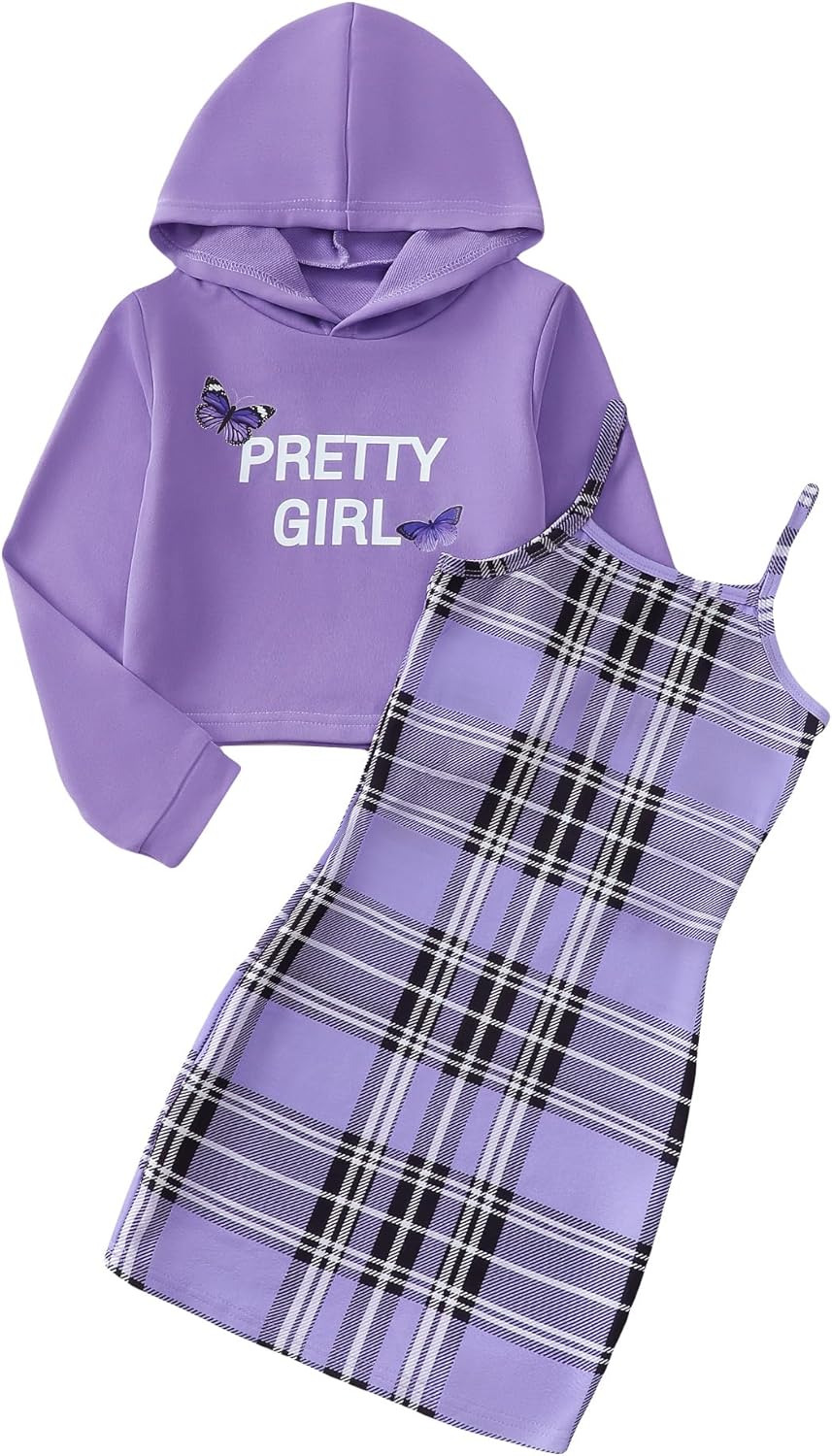 Girls 2 Piece Outfits Cami Dresses Hoodie Clothing Set Plaid Bodycon Dress Crop Top Sweatshirt Fall Winter Clothes