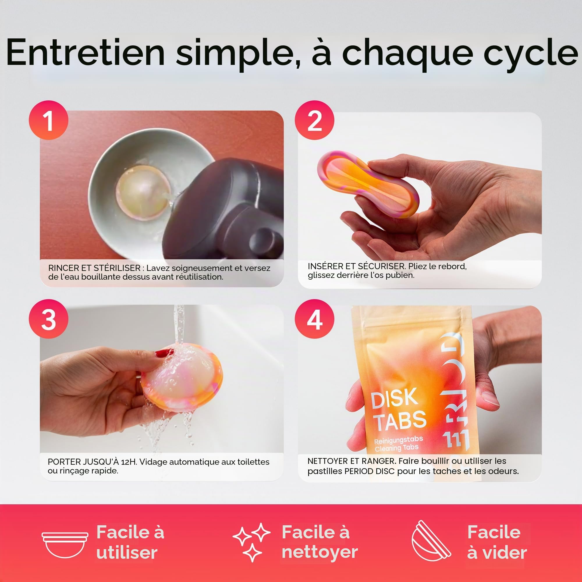 PERIOD Disque Menstruel Réutilisable - Disque Menstruel en Silicone Médical Réticulé Platine avec Fonction Vidange Automatique - Confortable pour toutes les phases de la menstruation, S/M