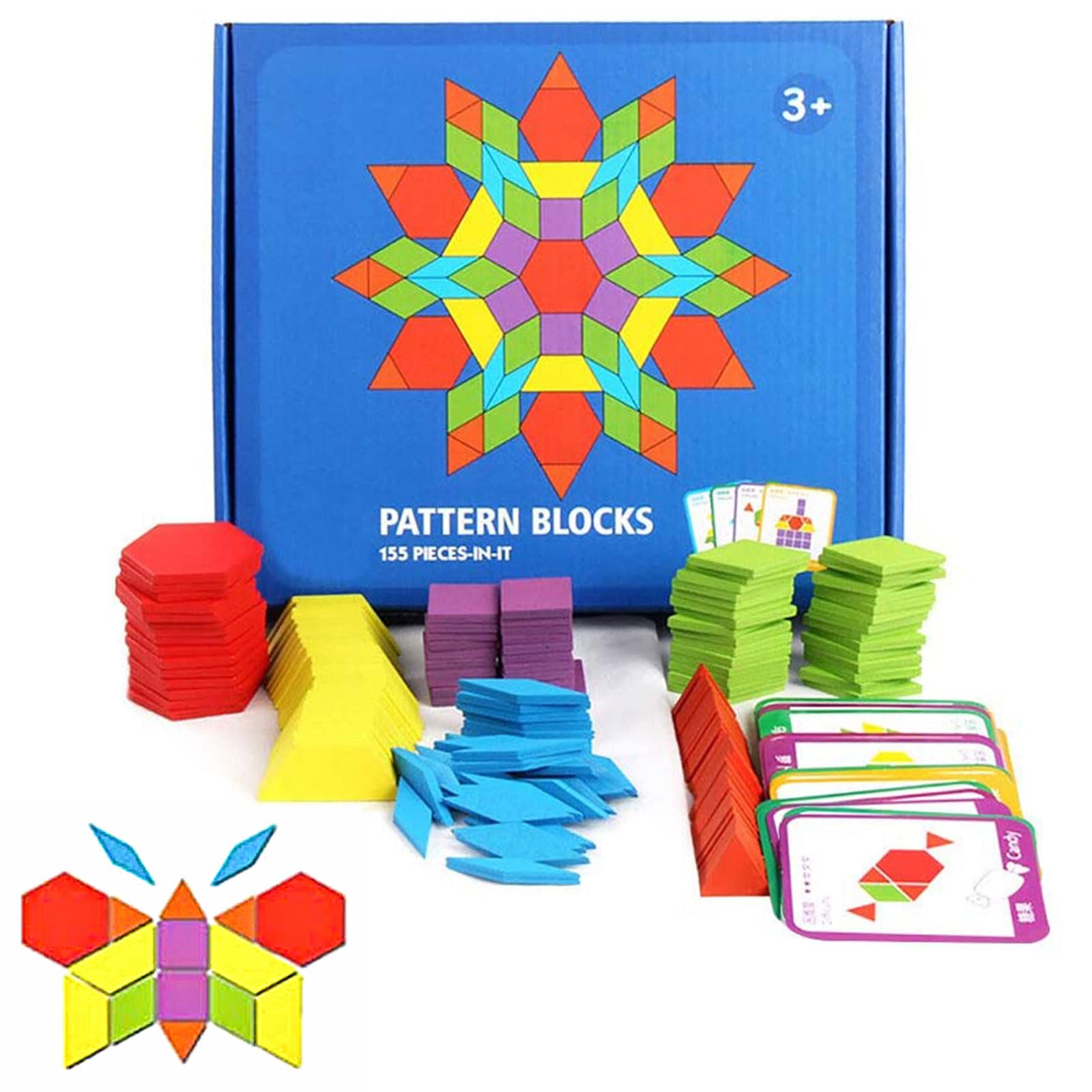 JCREN Wooden Pattern Blocks Montessori Toys Shape Puzzles Kindergarten Classic Educational Tangram Geometric Brain Teaser Toys Best STEM for Kids Ages 4-8 with 24 Pcs Cards