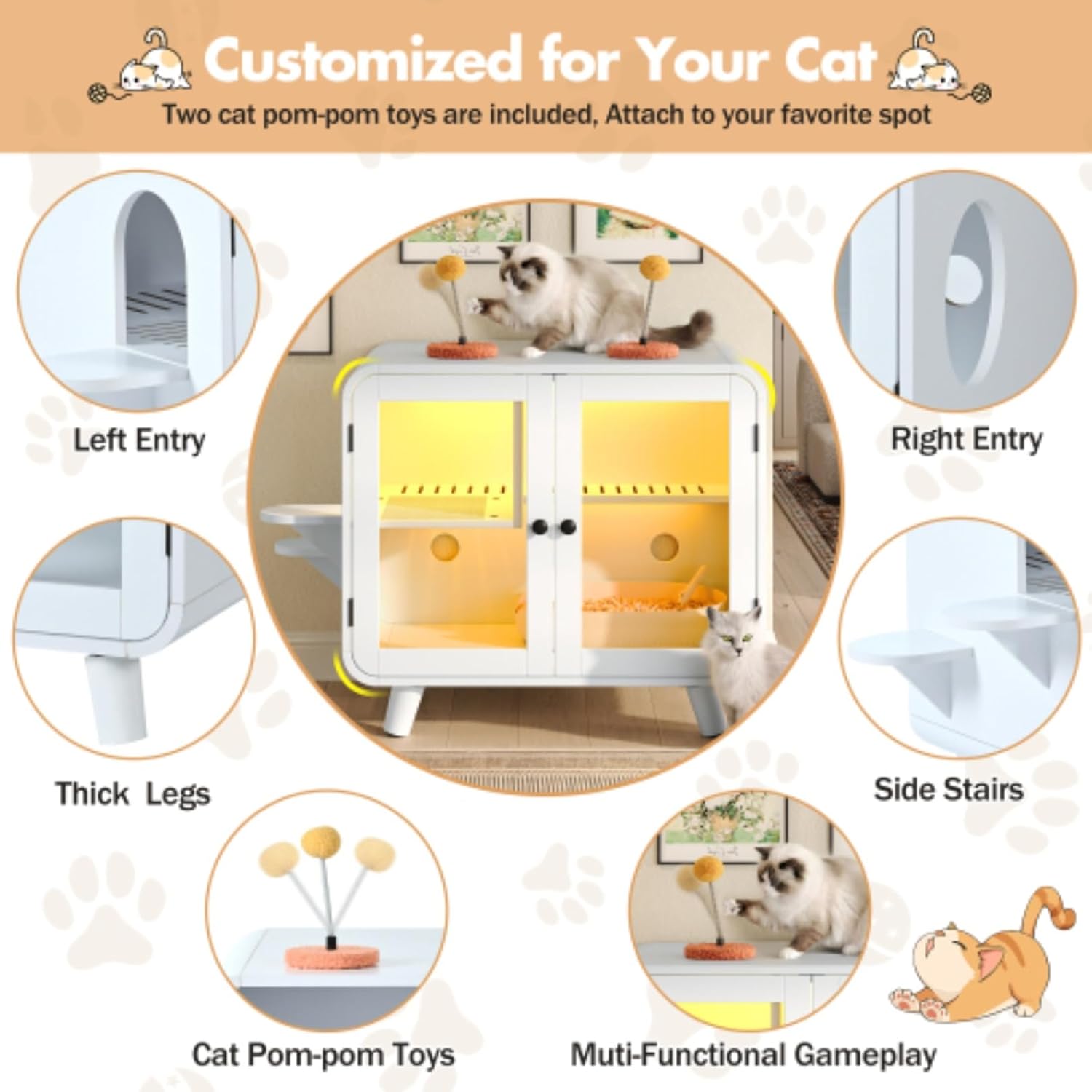 Cat Hidden Litter Box Enclosure with RGB LED Light – Retro TV-Style Cat House Cabinet with Stairs, Toys, Litter Leak Walkway & Glass Doors for Living Room,Beige (Beige)