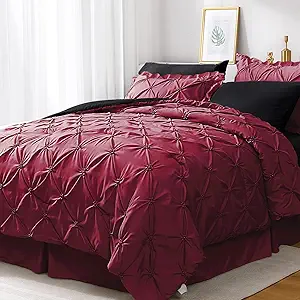 JOLLYVOGUE Burgundy Twin Size Comforter Sets 5 Pieces, Pintuck Bed in a Bag Comforter Set for Bedroom, Bedding Comforter Sets with Comforter, Sheets,Ruffled Shams & Pillowcases