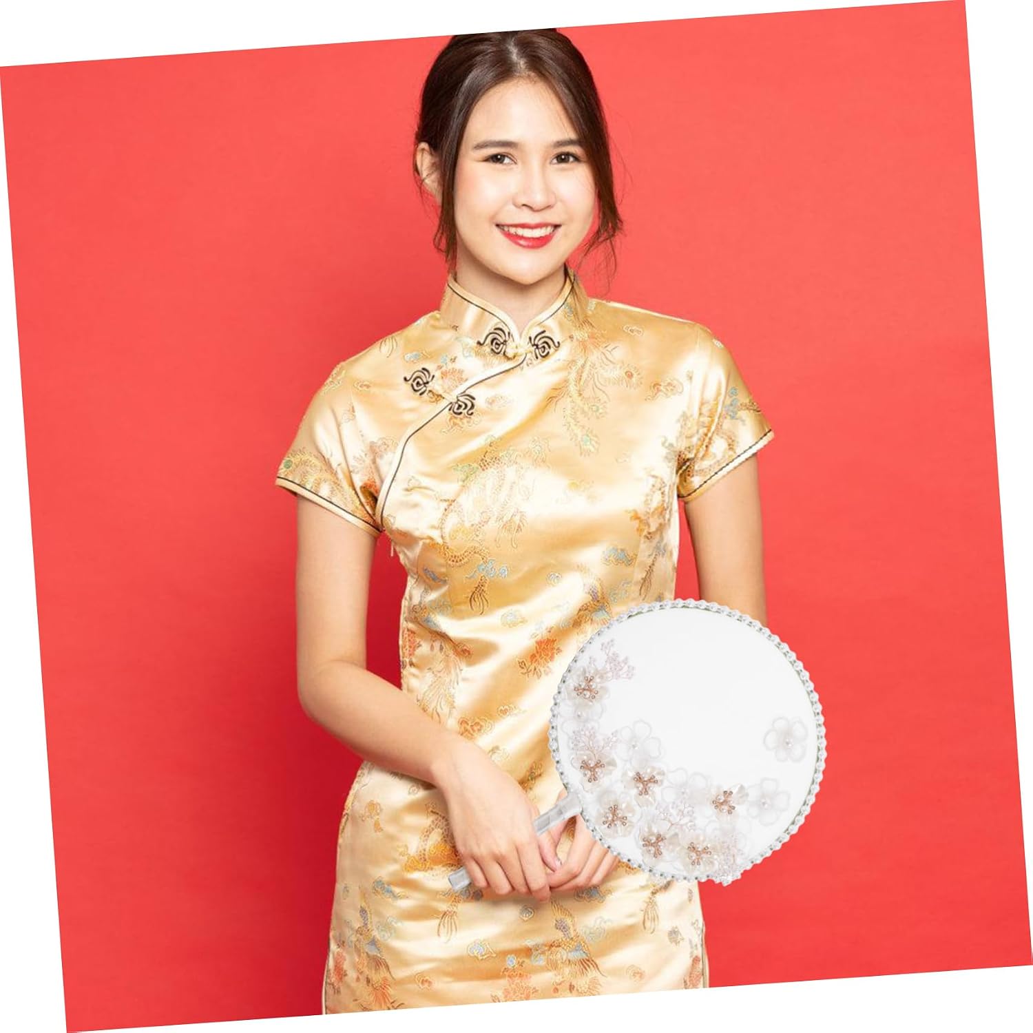 Handheld Fan Fabric Pearl Flower Decoration for Women Summer