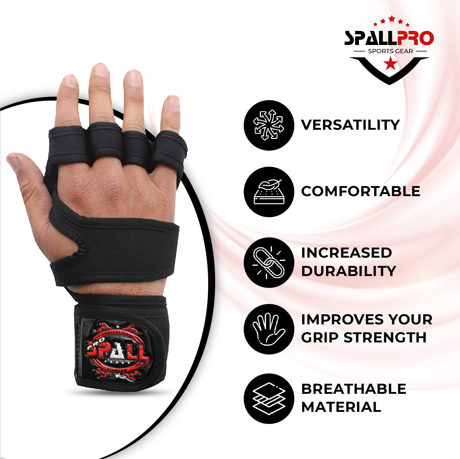 Spall Pro US Fingerless Workout Gloves - Weight Lifting Cross Fit Gloves with Wrist Support Perfect for Gym Fitness, Cross Training, Hand Support Powerlifting & Pull Ups(Black, X-Large)