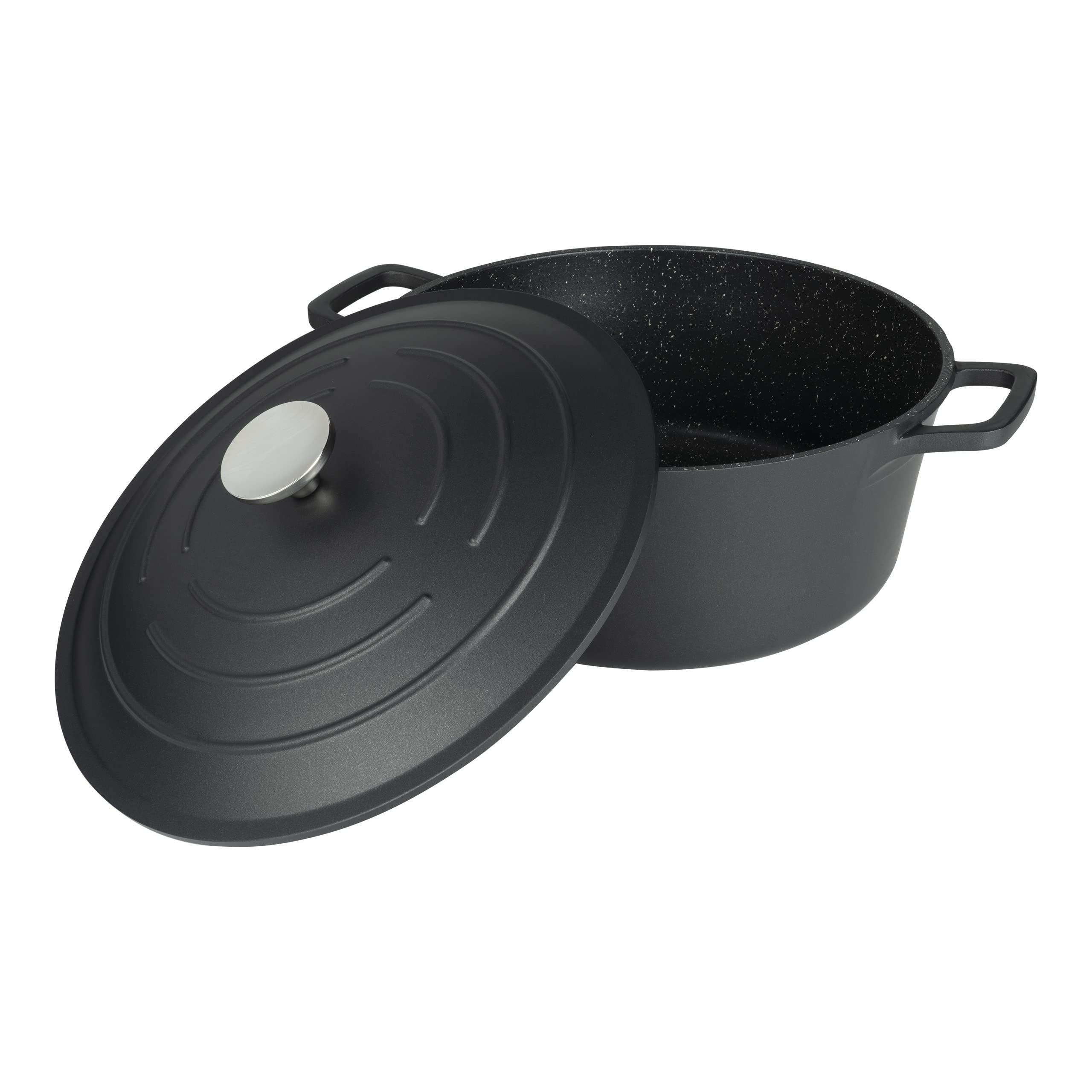 XR-728BK 28 cm żeliwne okrągłe naczynie do zapiekanek, odpowiednie do piekarnika i wszystkich rodzajów kuchenek, idealne do gulaszów i zapiekanek, czarne