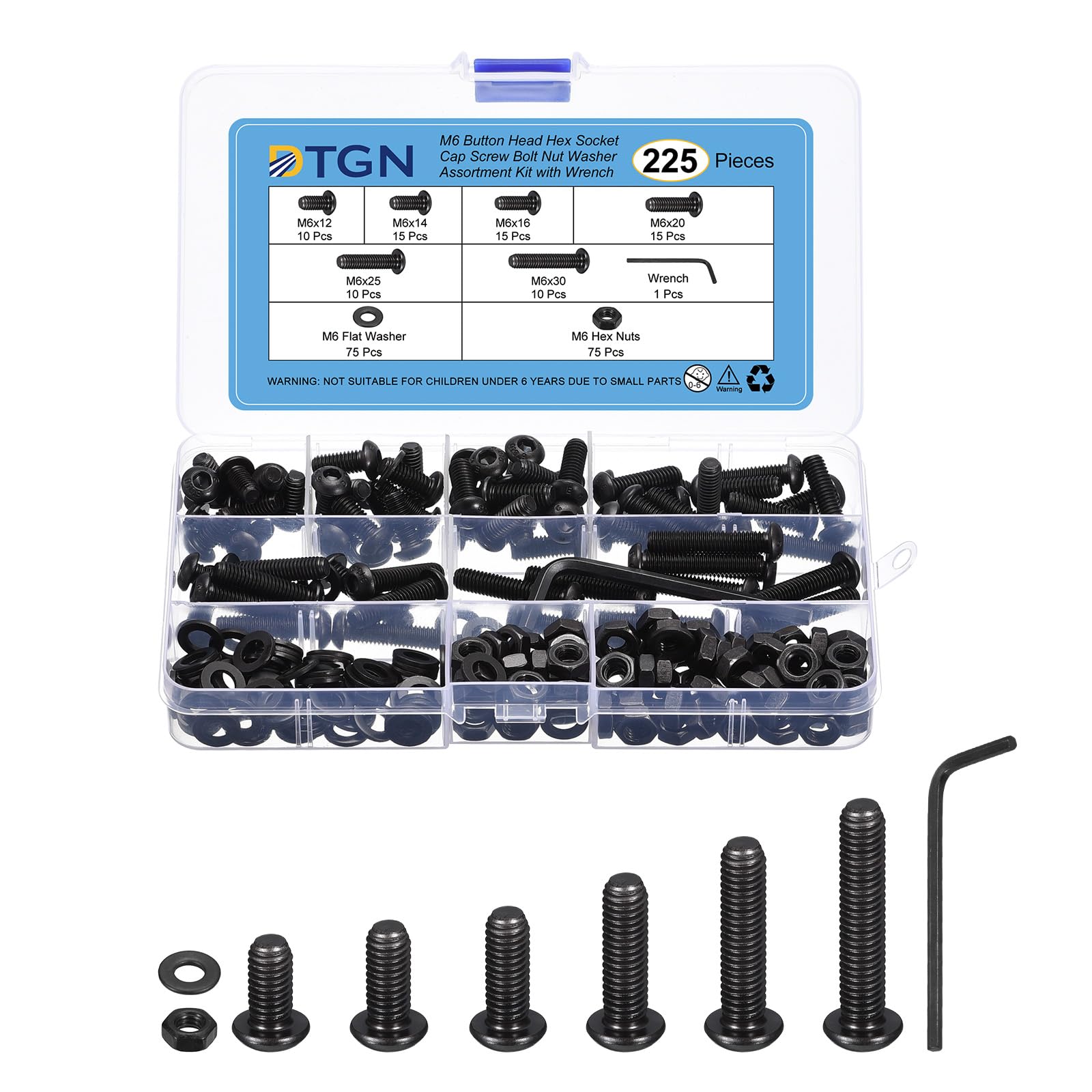 DTGN 225Pcs M6 Button Head Socket Cap Screws