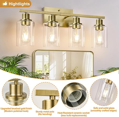 Miniatura 104 de Lámparas de baño de 3 luces, luces de tocador de latón para baño con pantallas de vidrio transparente, modernos apliques de pared de baño