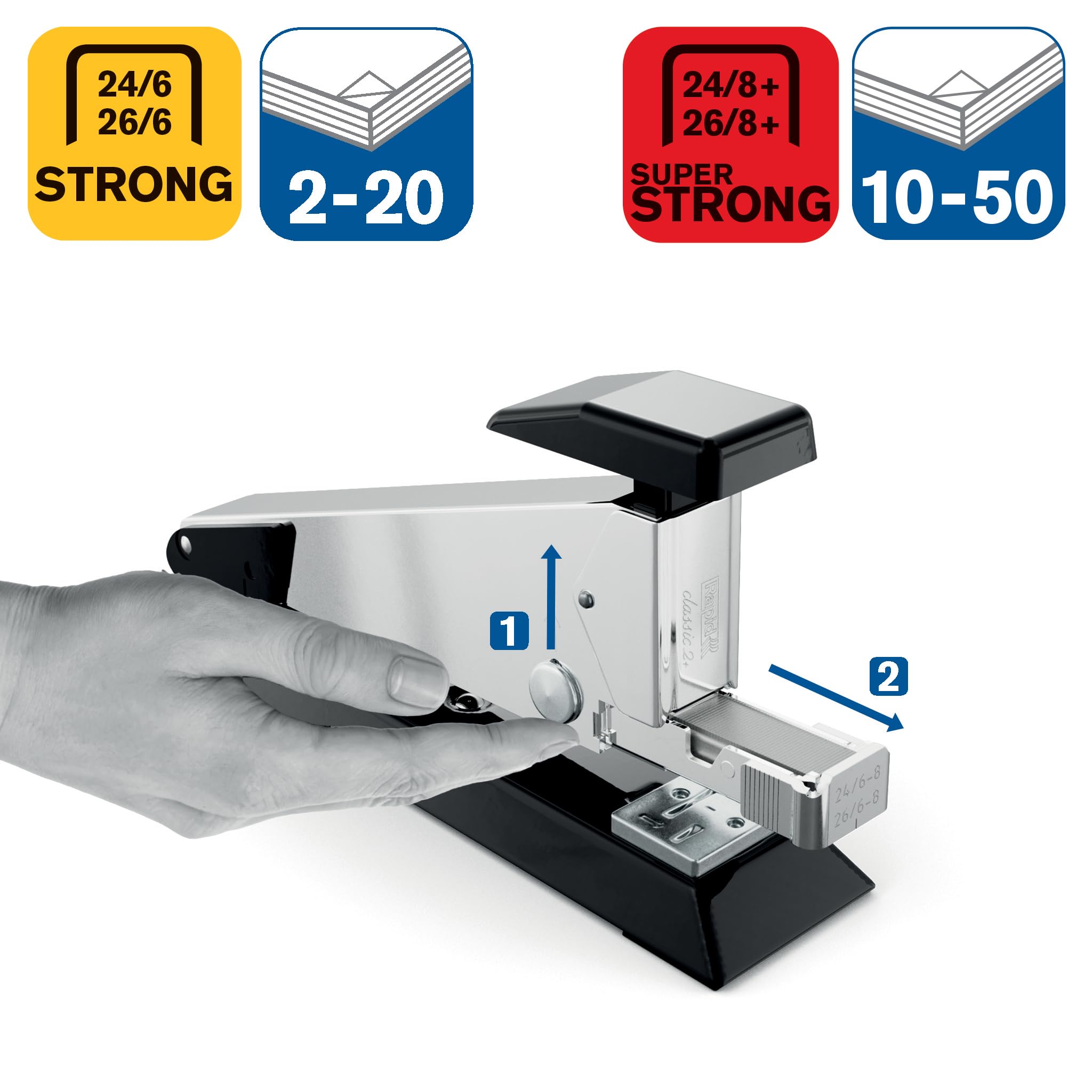 Rapid 5000500 - Tenaza Classic K2+ Para Grapas Nº 24 Y Nº 26 (24/6 Y 26/8+), Yunque Ajustable, Carga Frontal, ClimatePartner, Oficina Hogar Escuela, Coco
