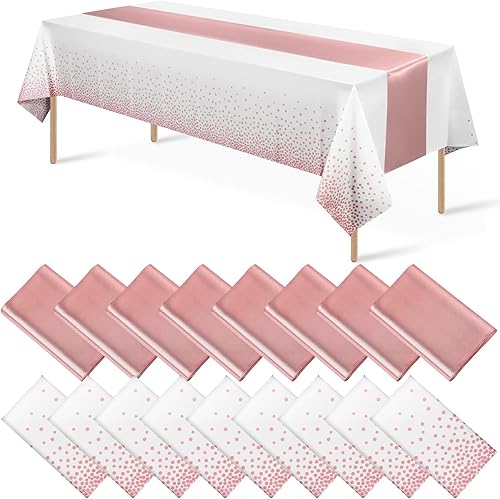 Miniatura 22 de Juego de 16 manteles desechables de plástico para fiestas y camino de mesa de satén negro y rojo, mantel de satén rojo para bodas, cumpleaños, baby