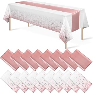 Disposable Plastic Tablecloth (White and Rose Gold Dot) And Satin Table Runner (Rose Gold) Set for Wedding Birthday Baby Shower Anniversary Christmas New Year Party, 16 Pack