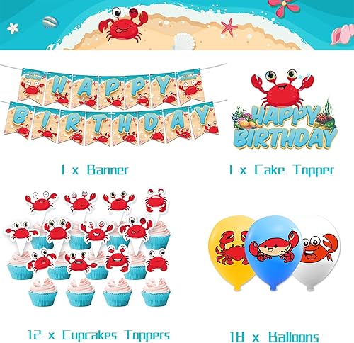 Miniatura 6 de Suministros de fiesta de cumpleaños de cangrejo, decoraciones de fiesta de cangrejo, incluye pancarta de feliz cumpleaños de cangrejo, decoración de