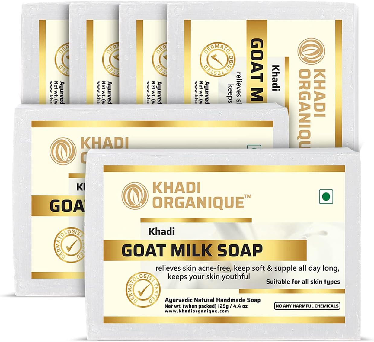 Khadi Organique Handmade Natural Goat Milk Soap Bar with Castor, Almond & Rice Bran Oils | Deep Moisturizing, Hydrating & Nourishing Formula | Sulfate & Paraben Free | 125g Each (Pack of 6)