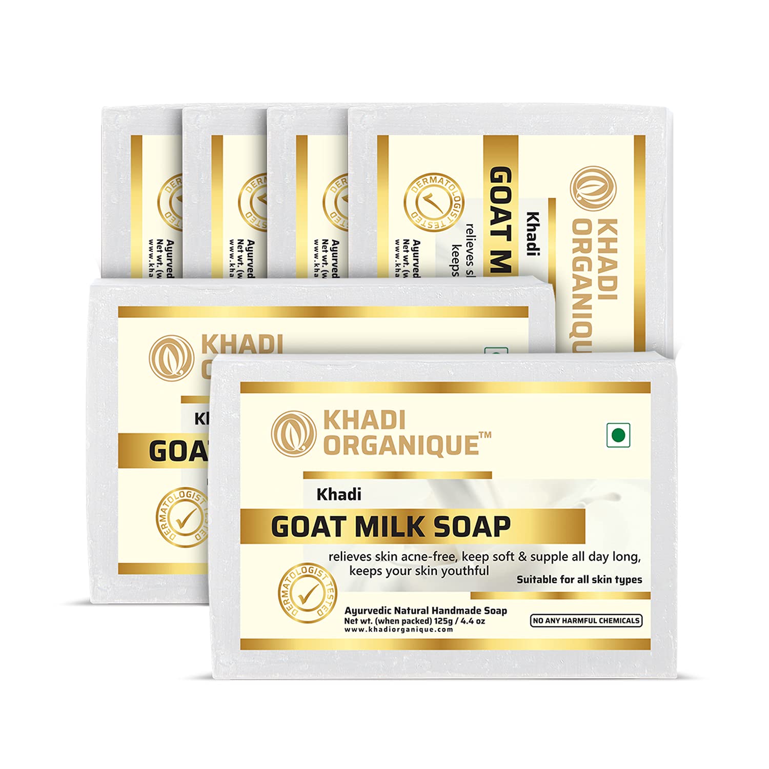 Khadi Organique Handmade Natural Goat Milk Soap Bar with Castor, Almond & Rice Bran Oils | Deep Moisturizing, Hydrating & Nourishing Formula | Sulfate & Paraben Free | 125g Each (Pack of 6)