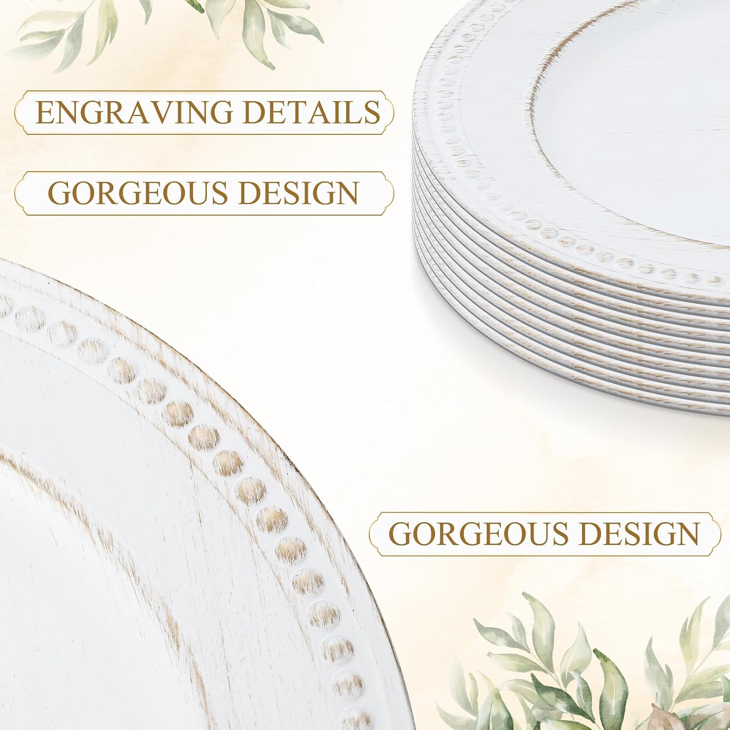 12 Pcs 13" Vintage White Charger Plates Round Beaded Chargers Bulk for Dinner Plates Serving for 12 Guest for Antique Wedding Holiday Party Bridal Shower Event Dinner Table Setting Decoration