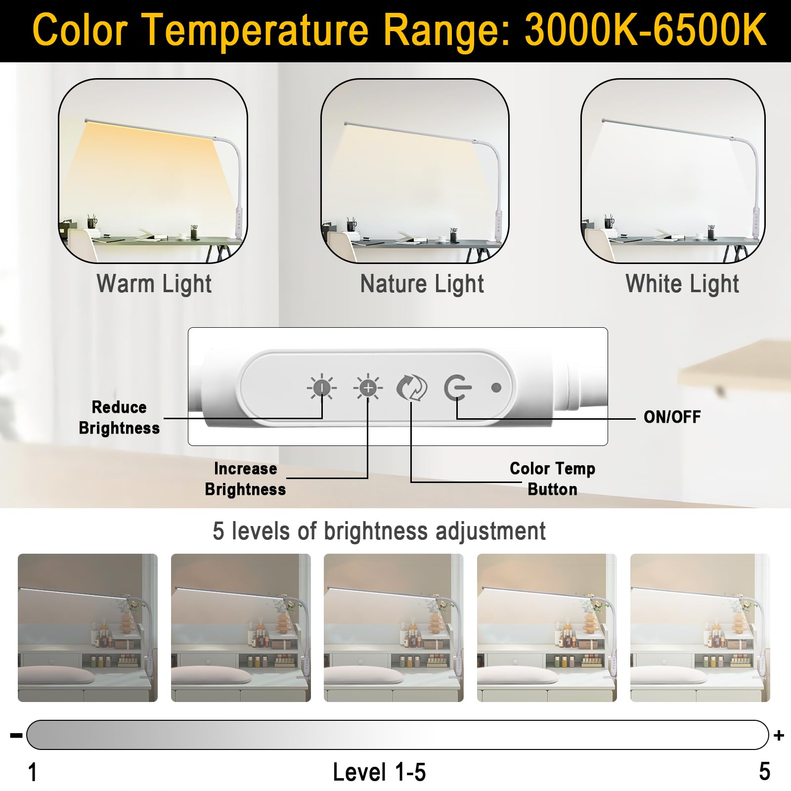 CGBE 60cm Lampada da Tavolo per Unghie LED 18W per Onicotecnico | 360° Flessibile Lampada da Scrivania, Tocca Controllo, 3 Modalità 5 Luminosità Dimmerabile per Manicure Lettura Studio Lavoro