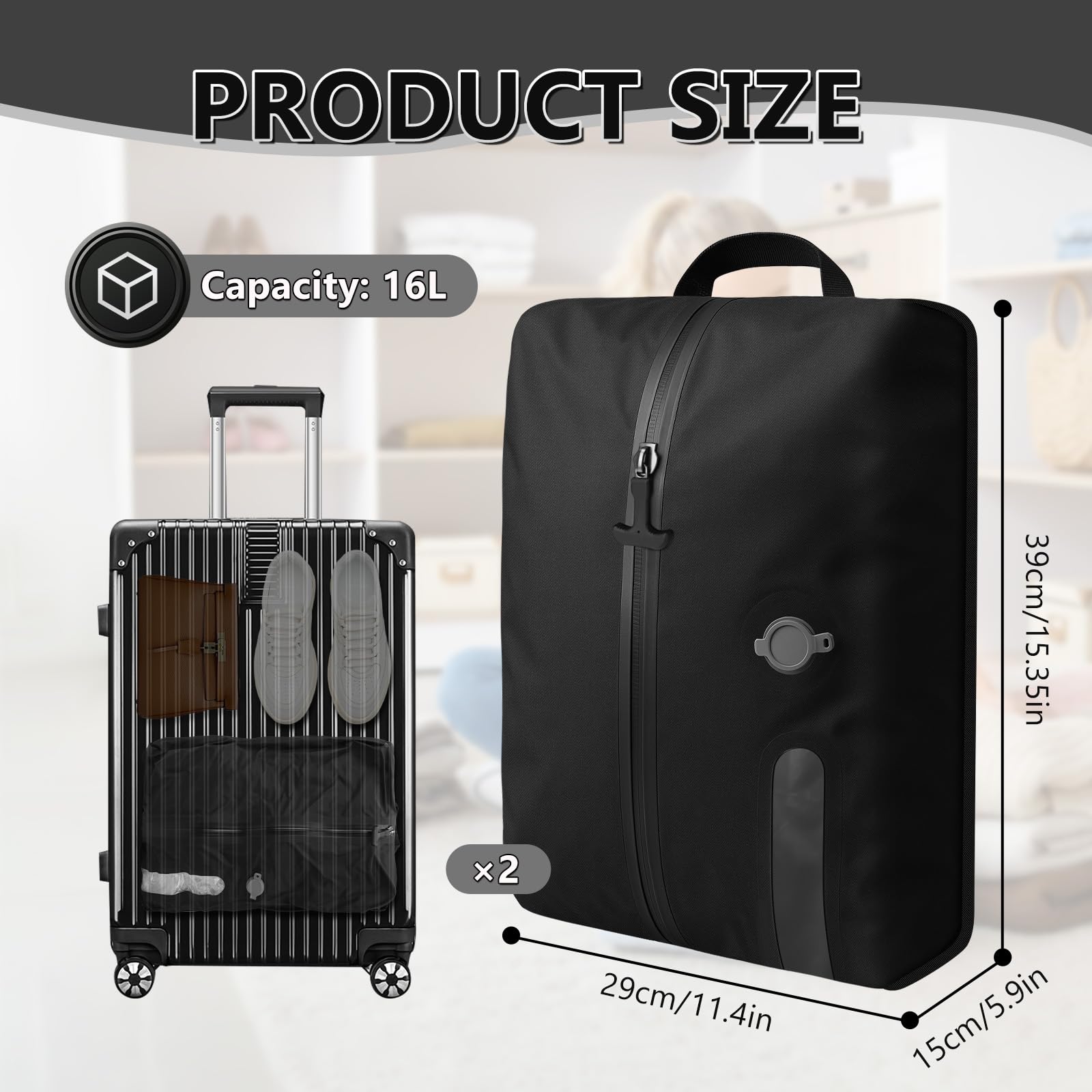 WingFly Bolsa al vacío para ropa de viaje con bomba inalámbrica, IP67 bolsa de compresión reutilizable para maleta y mochila, ahorra espacio, ligera y duradera (negro, 2 piezas + bomba)