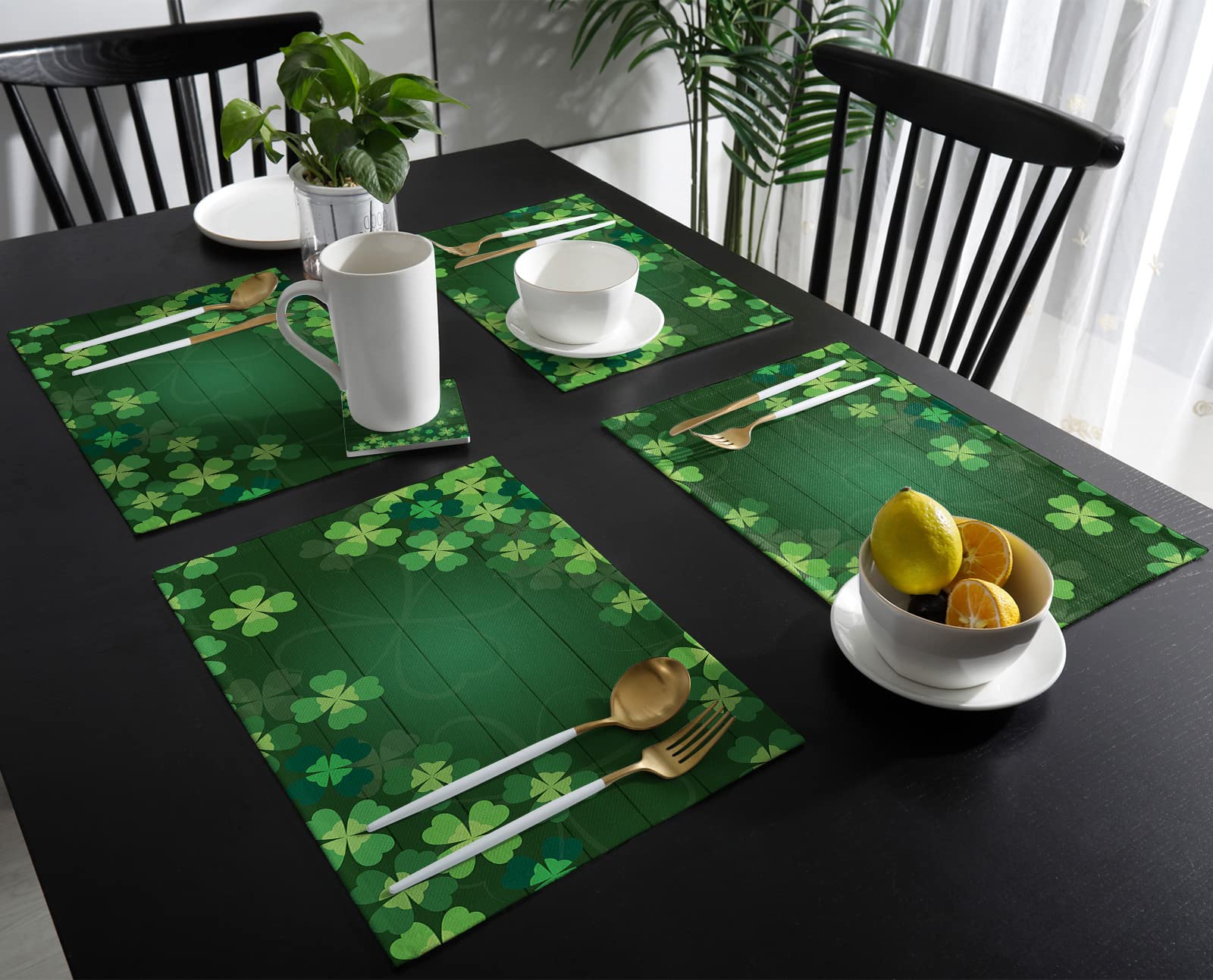 St. Patrick's Day Tischsets 6er Set – Grünes Kleeblatt Design, Baumwolle-Leinen, 30x45 Cm, Rutschfest & Waschbar