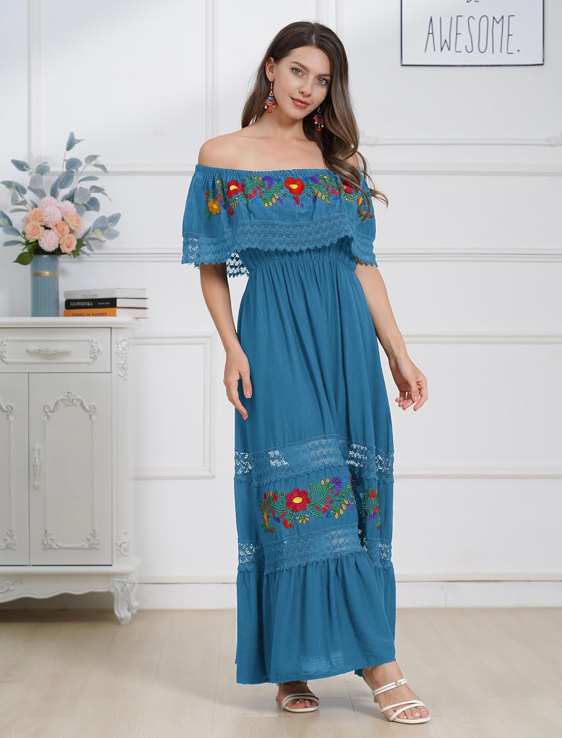 Mexican Dress for Women Traditional Off Shoulder Embroidered Present Casual Lace Long Maxi Dress Cinco de Mayo Outfit - Image 5