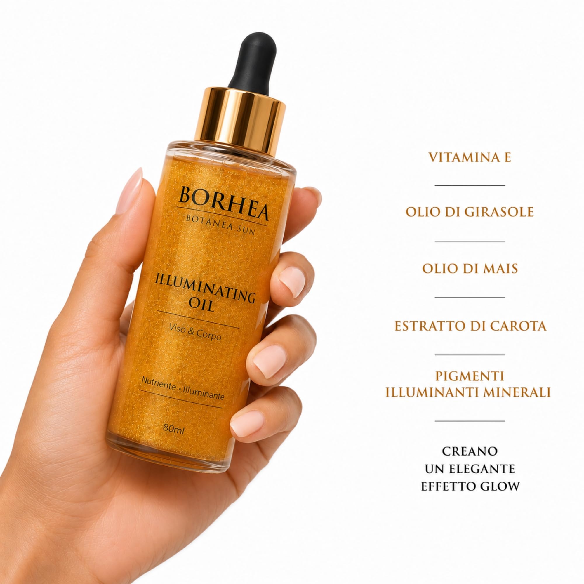 BotanÉa Sun – Aufhellendes Öl für Gesicht und Körper, 80 ml, Glitteriertes Körperöl mit goldenem Glow-Effekt – verstärkt die Bräunung mit Vitamin E und Karottenextrakt, trockener Shimmer, Duft