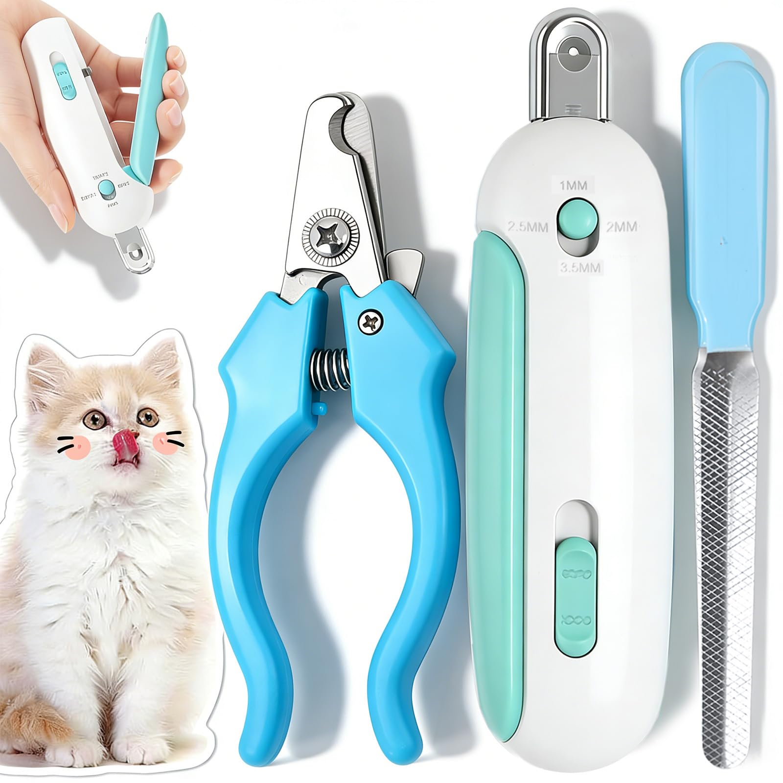 aieieii 3 Pcs Cat Nail Clippers Set, Cat Claw Clippers with Safety Guard and Adjustable Aperture Cats Nail Trimmer, with Blue Nails File Dog Nails Clipper, Applicable to Cats Dog and Small Animals