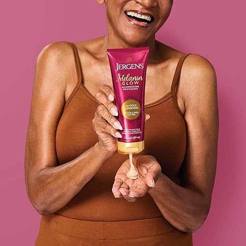 Miniatura 10 de Jergens Loción para manos y cuerpo, crema hidratante iluminadora con brillo de melanina, con luminizadores dorados, 7 onzas
