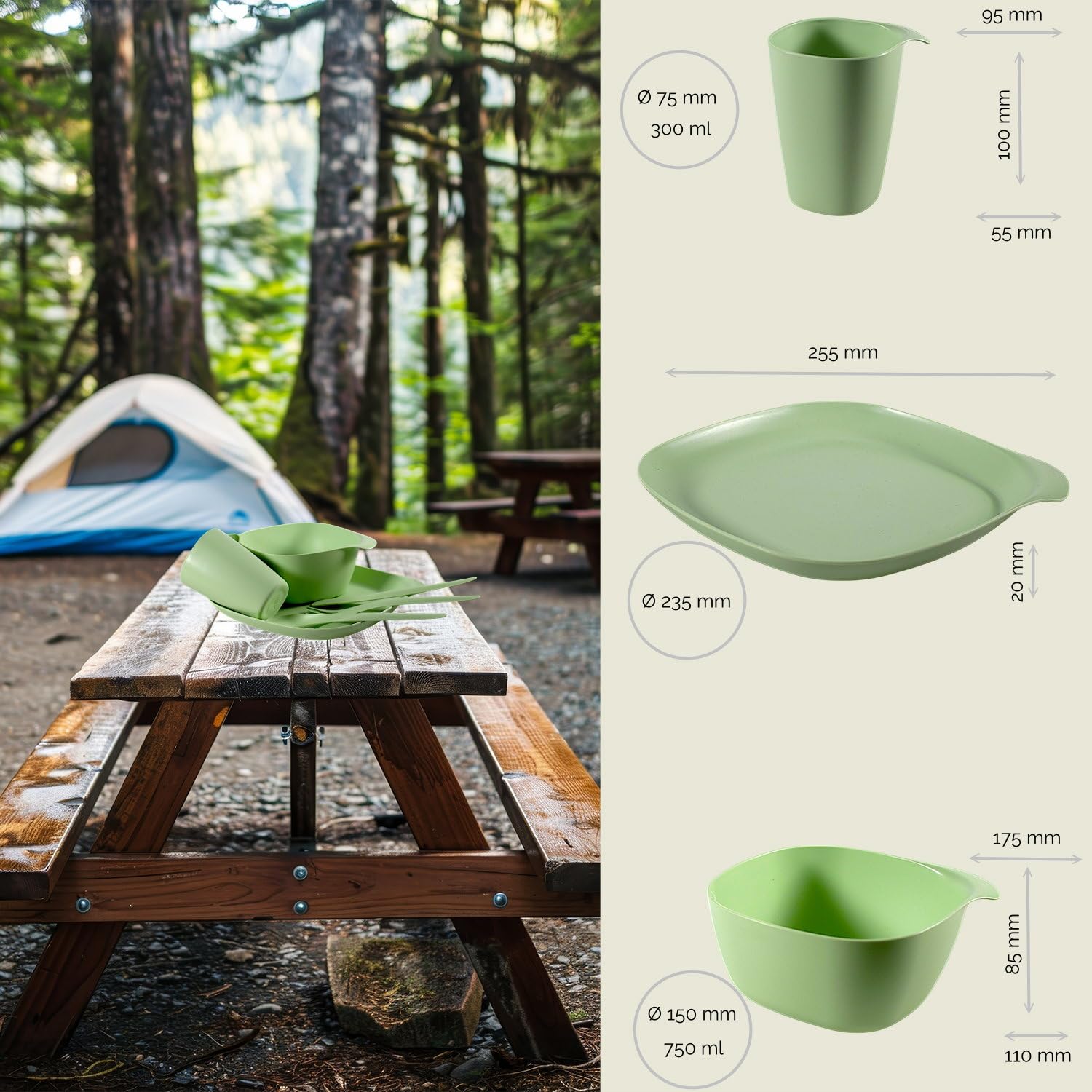 CALIPSO Vaisselle de camping pour 4 personnes - En plastique incassable - 12 pièces - Pour le jardin - Vaisselle en plastique avec assiette, bol, tasse et couverts gratuits