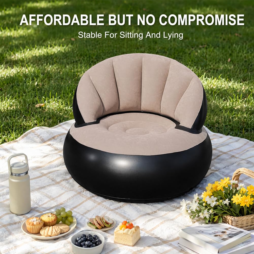 CEWROM Canapé gonflable 2 en 1 avec surface floquée, imperméable, fauteuil portable avec pompe pour salon, extérieur, camping, plage, voyage, canapé, pouf (gris)