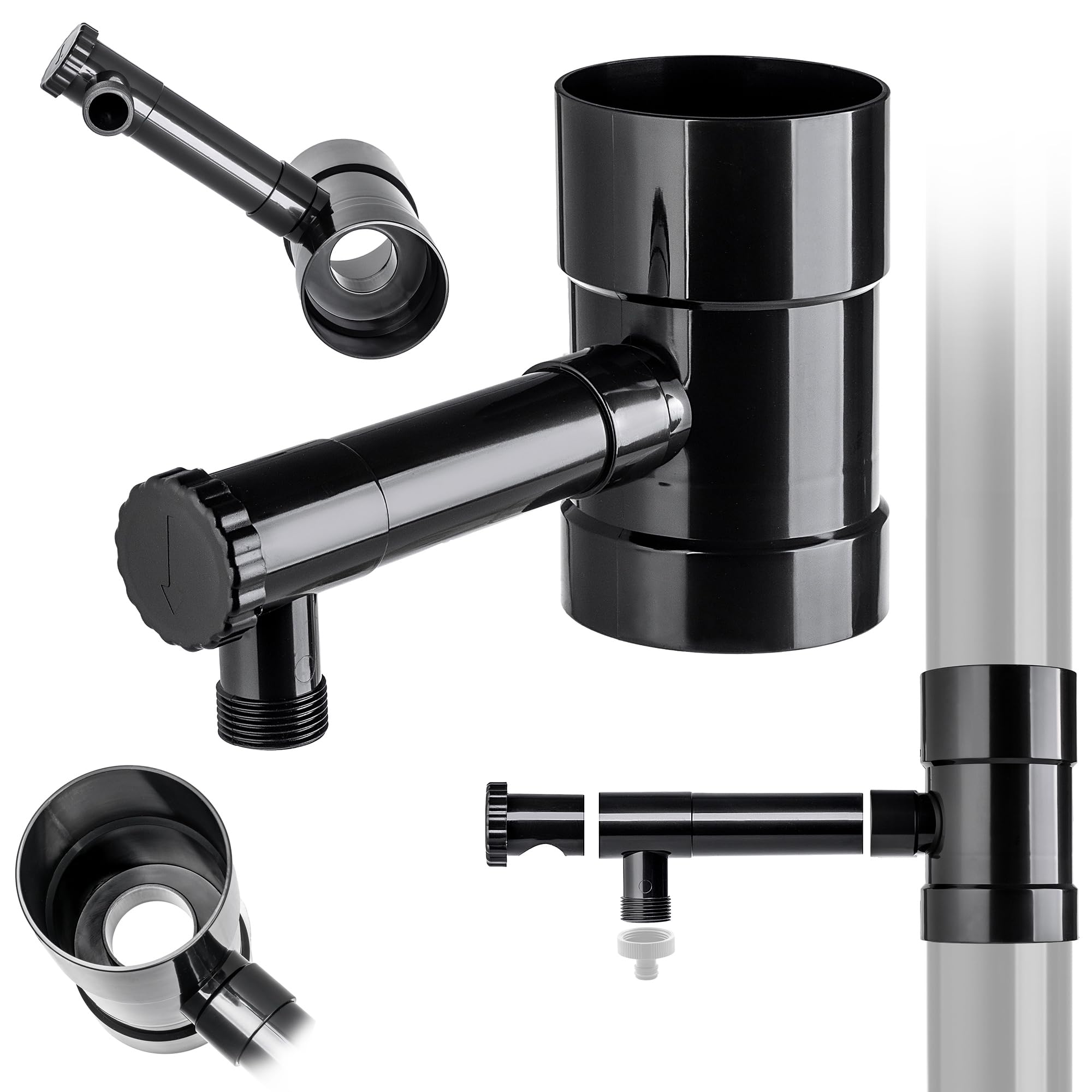 KADAX Regensammler 100mm, Regenwassersammler für Fallrohr, Regendieb mit integrierten Ventil, Wassersammler aus hochwertigem Kunststoff, Wasserdieb (Schwarz)