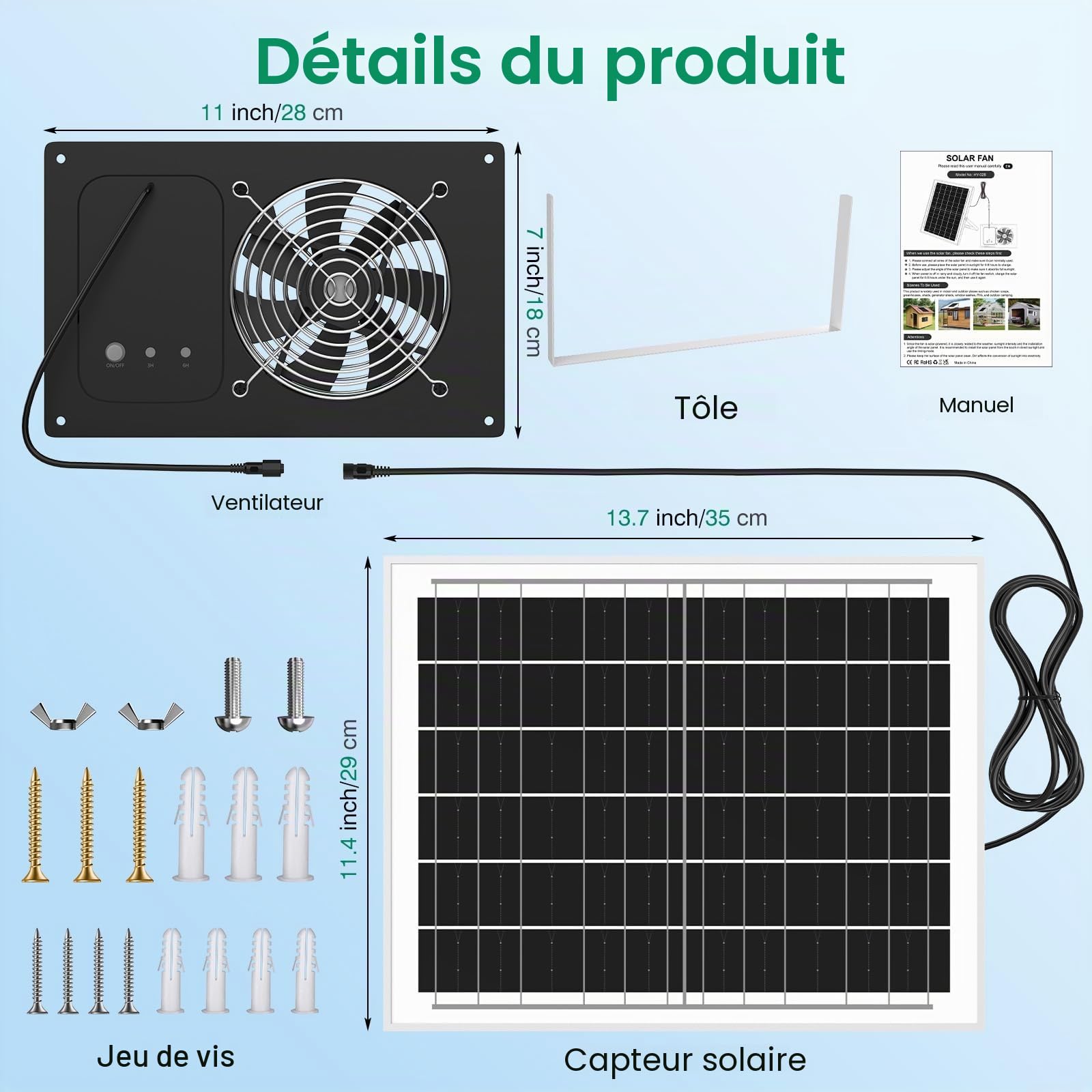 Ventilateur solaire 15000mAh 25W 3500RPM étanche silencieux pour poulailler serre