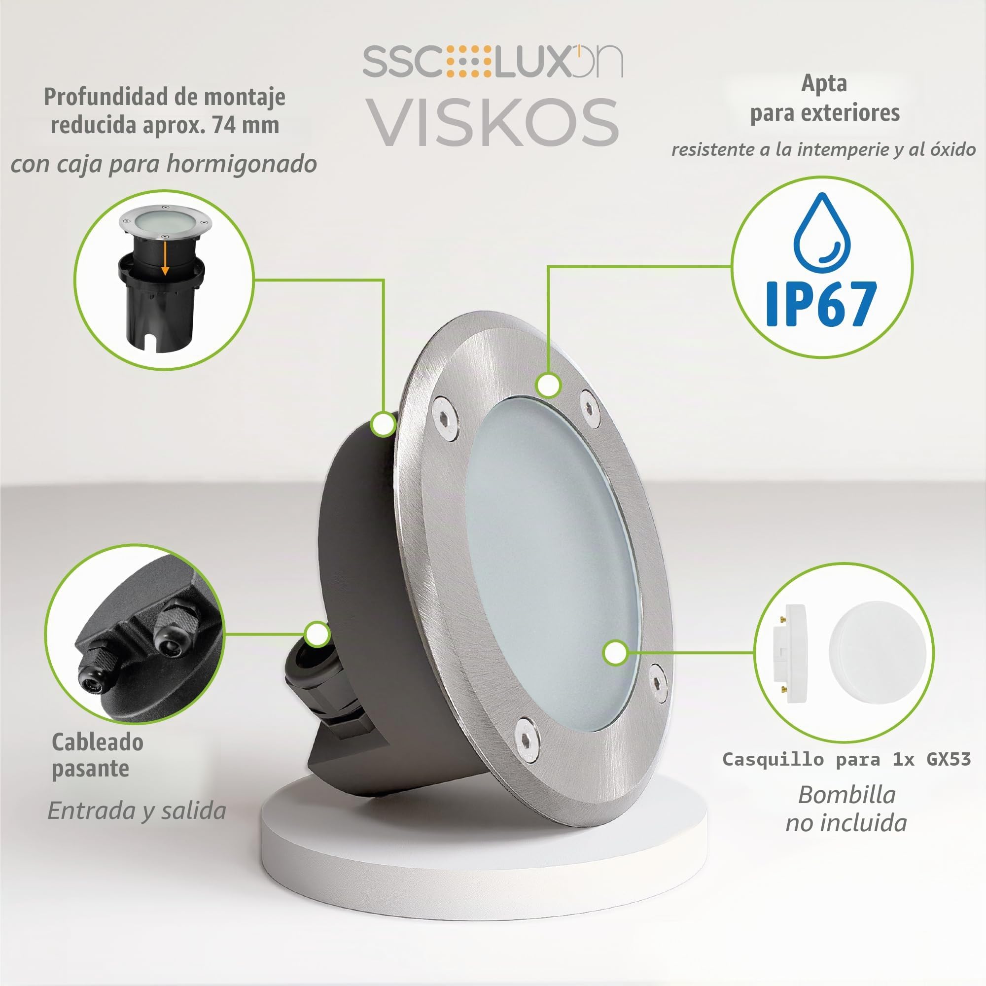 SSC-LUXon VISKOS - Foco empotrable para suelo (4 unidades, cristal transparente y lechoso, IP67, transitables, redondos, GX53 (sin bombilla)