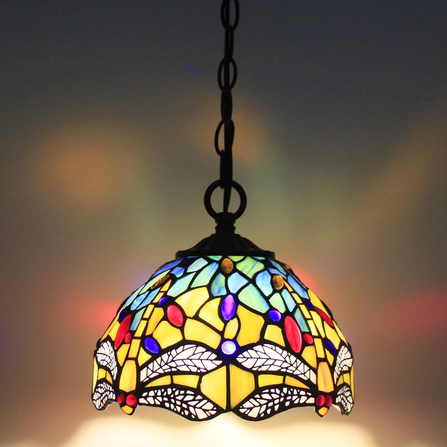 Small Tiffany Pendant Light Stained Glass Plug in Hanging Lamp 8 Inch Adjustable Height Hanging Chandelier Pendant Fixture for Home Kitchen Island Dining Room (Yellow Dragonfly Style)