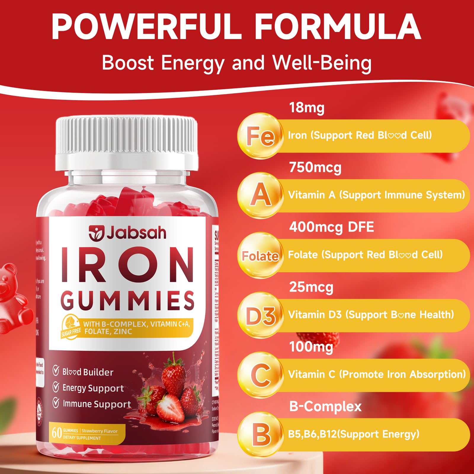 Vegan Iron Gummies for Women & Men, Iron Supplement with B-Complex, Vitamin C, A, Folate for Adults & Kids - Blood Builder & Energy Support & Immune Health - Strawberry Flavor, 60 Gummies — Amazon image 3