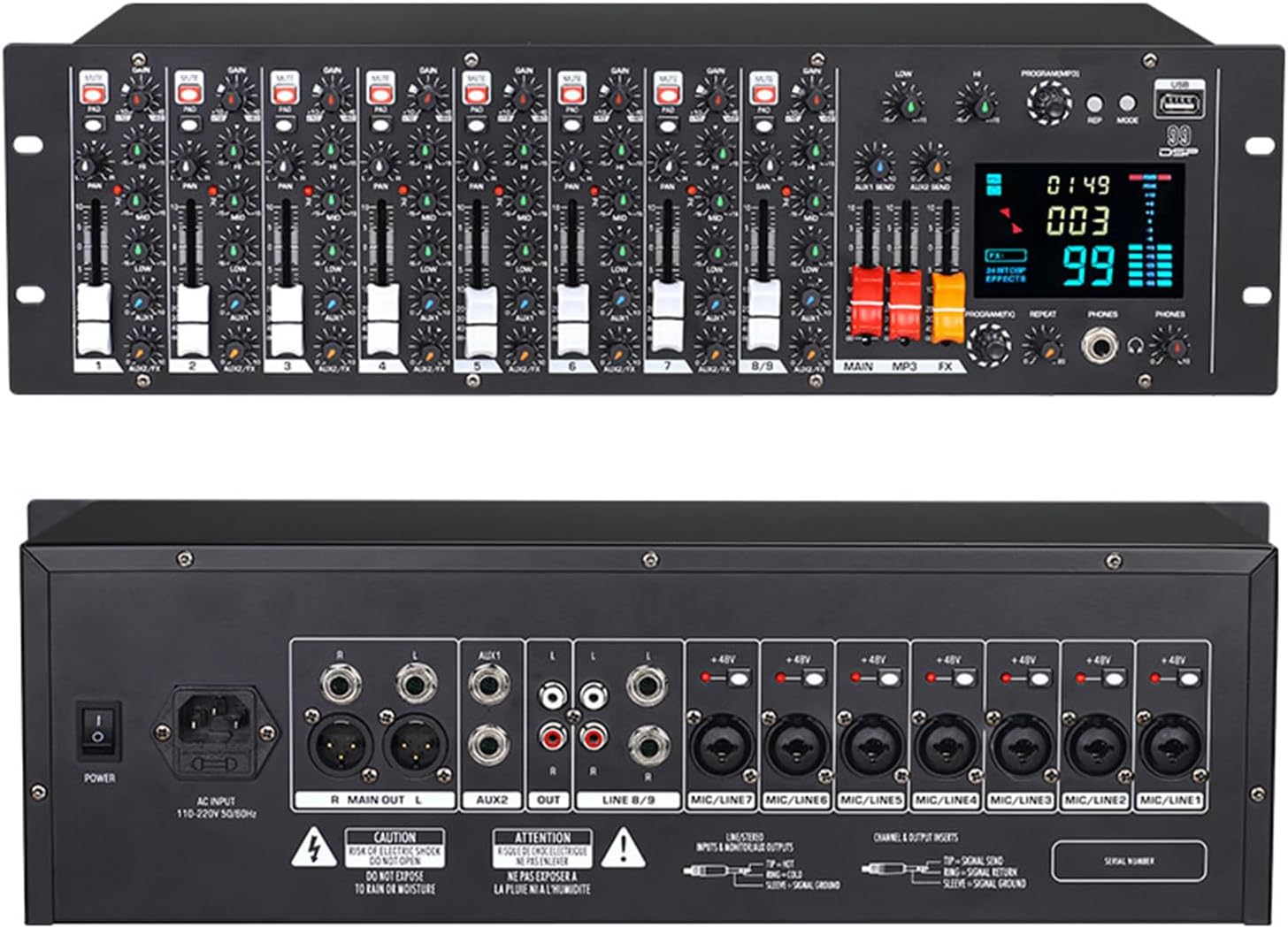 9-Channel Stereo Mixer, Rack Mount Audio Mixer, 24bit Digital Stereo Effects Processor, with 99 Effects, Phantom Power 48V, for Recording Studios