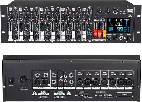 9-Channel Rack Mount Audio Mixer with 24bit Digital Effects Processor, 99 Effects and 48V Phantom Power for Studio Recording