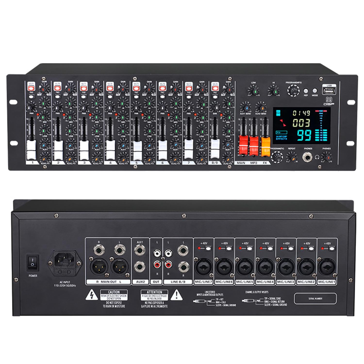 Mezclador estéreo profesional de montaje en rack con procesador de efectos digitales, 99 efectos, alimentación fantasma de 48 V para grabación de estudio