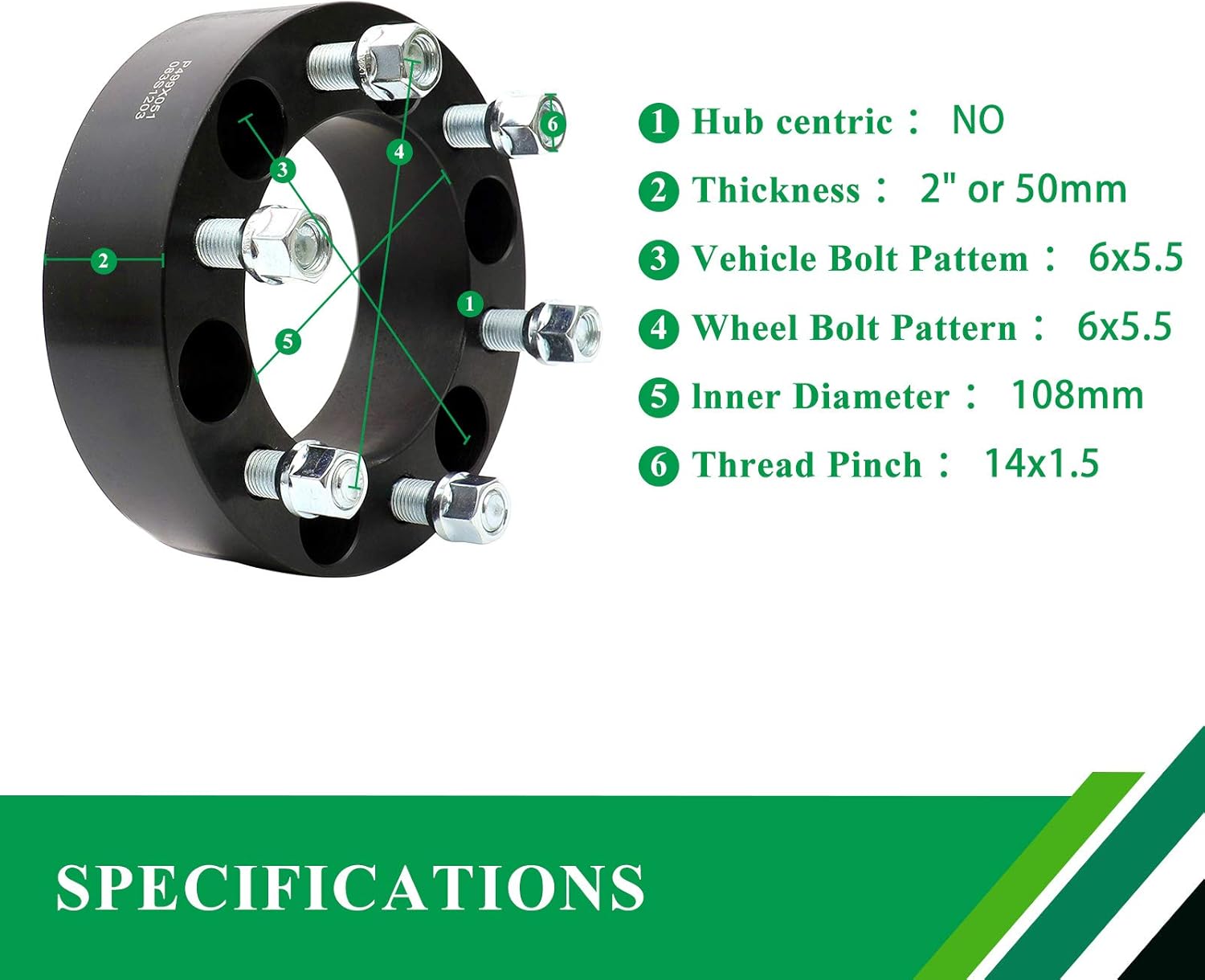 HICKS 6x5.5 to 6x5.5 Wheel Spacers 2" Thick Wheel Spacer Adapters 108mm Hub Bore with M14x1.5 Studs fit for 1999-2018 Chevy Silverado 1500, 1995-2014 Chevy Tahoe, Set of 2