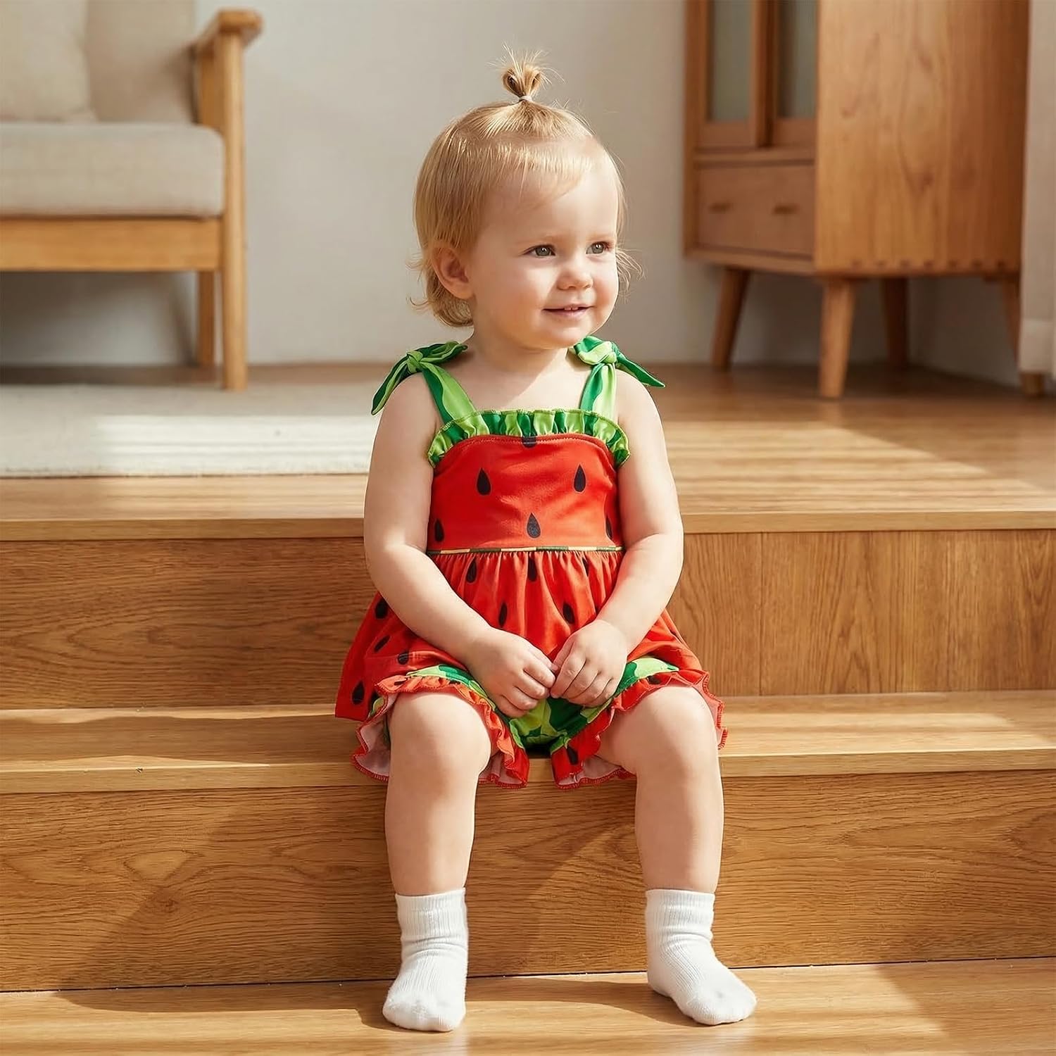 Toddler Baby Girl Watermelon Outfit Tie Shoulder Babydoll Tops and Ruffle Shorts 2 Piece Summer Set