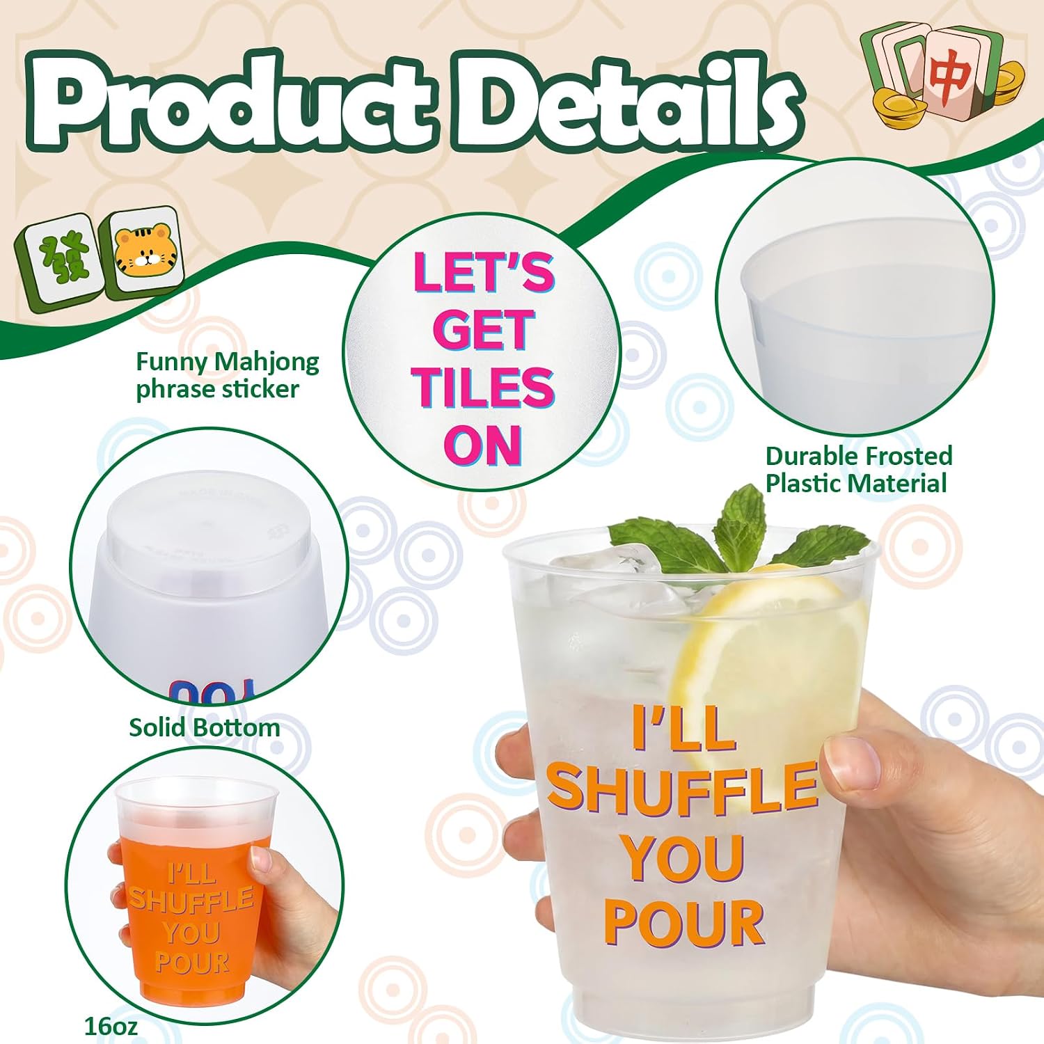 LemonRoad 12 Pcs 16 oz Mahjong Cups Frosted Phrases Mah Jong Party Supplies image 4