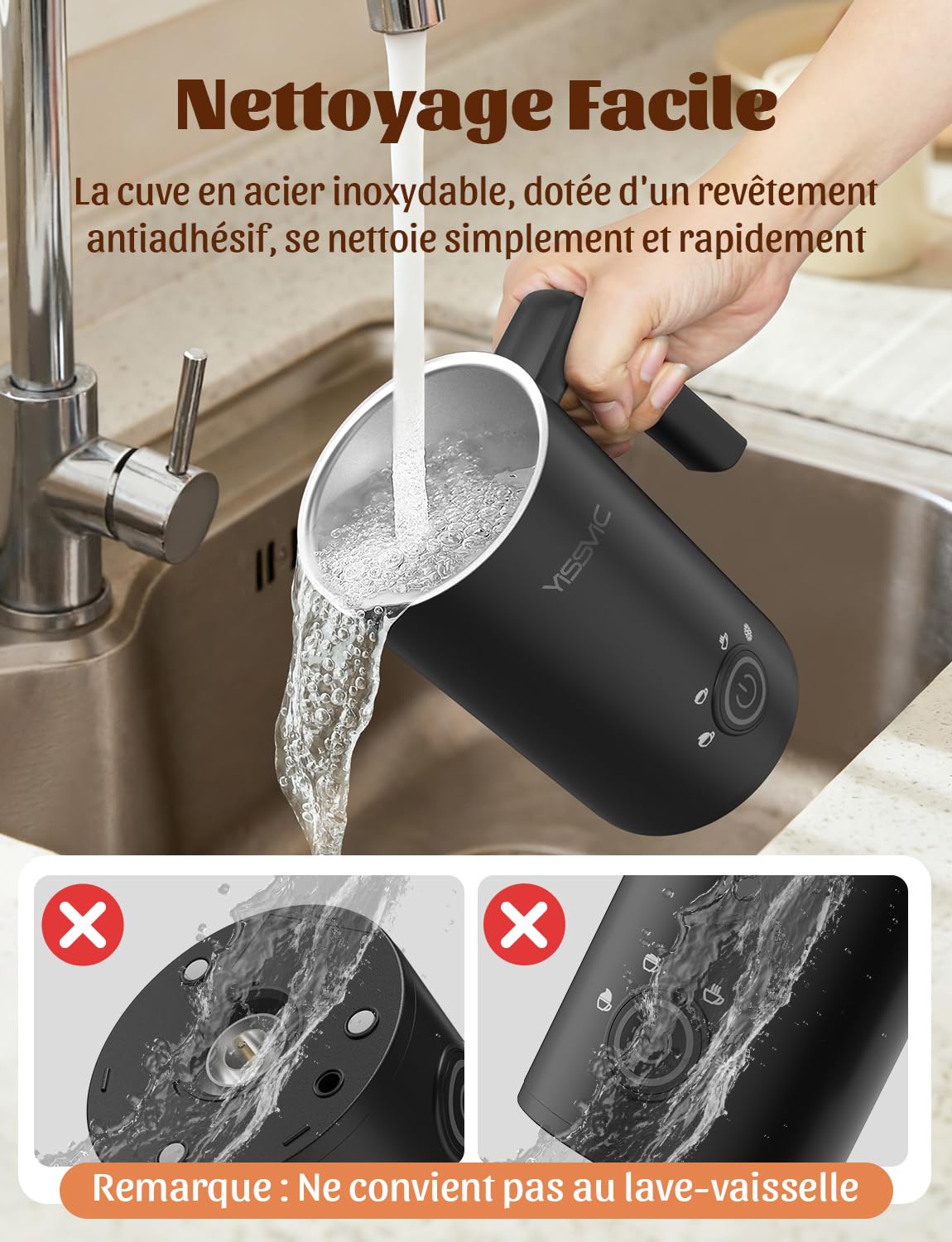 YISSVIC Mousseur à lait électrique Électrique Automatique 4 en 1 Électrique Automatique 500 W avec commande en un clic pour intérieur en acier inoxydable et revêtement antiadhésif