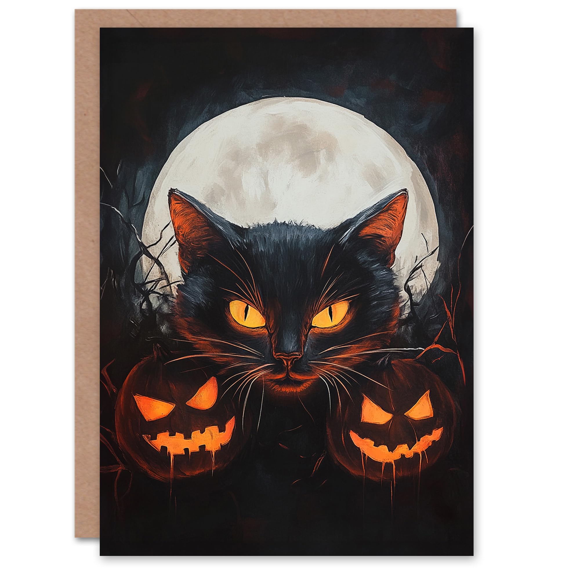 Artery8 Greeting Card Cat and Pumpkins Fun Jack o Lanterns Full Moon Blank For All Halloween Card