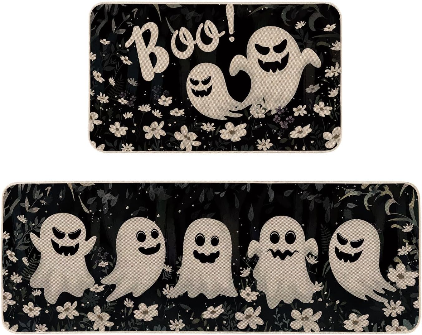 Moutina Halloween Boo Dog Ghost Decorative Kitchen Rugs Set of 2, Halloween Holiday Party Home Decor Low-Profile Kitchen Mats for Floor - 17x29 and 17x47 Inch