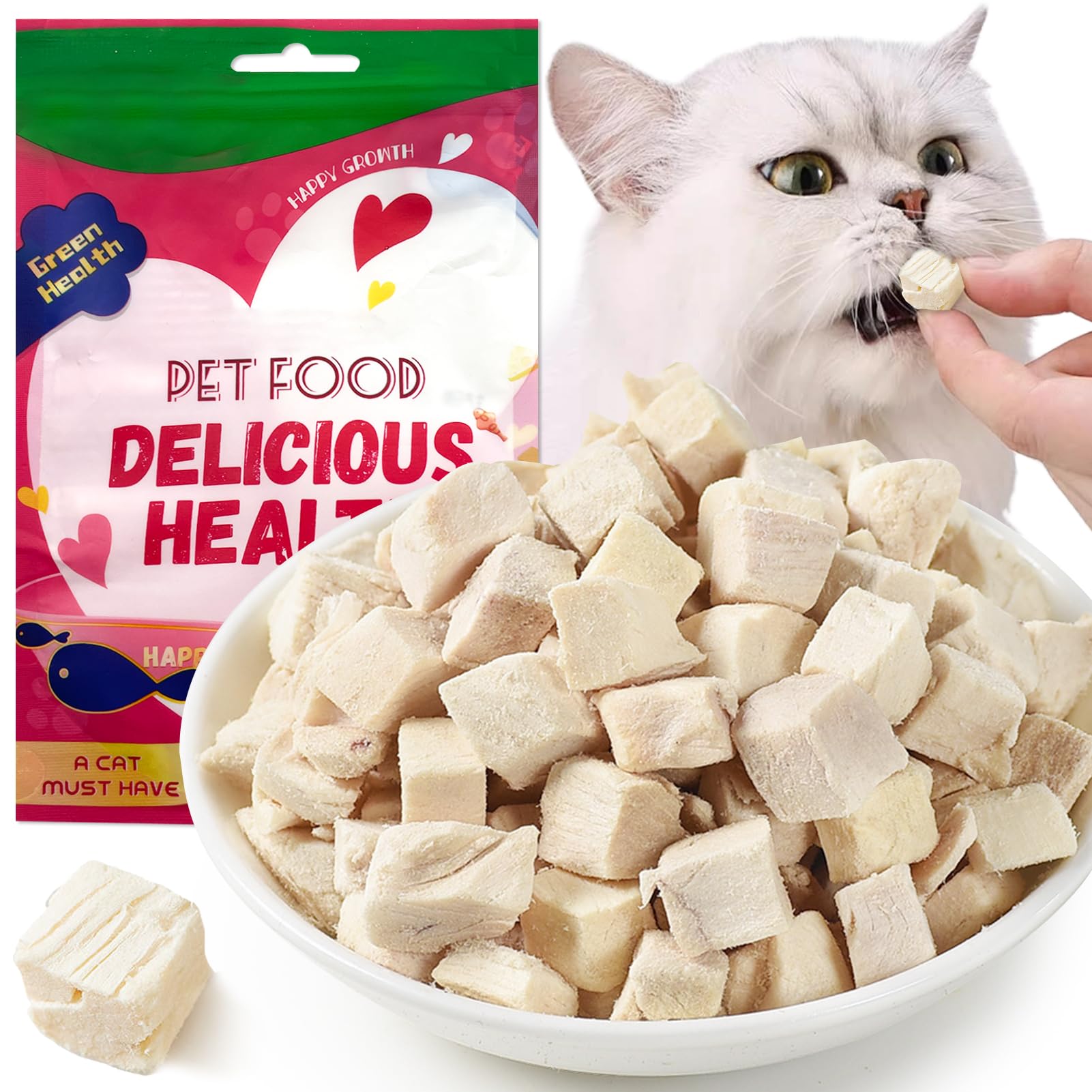 50g Chat Lyophilisé, Snacks de Poulet, pour Chiens Chats, Friandises pour Chats d'intérieur(Poulet)