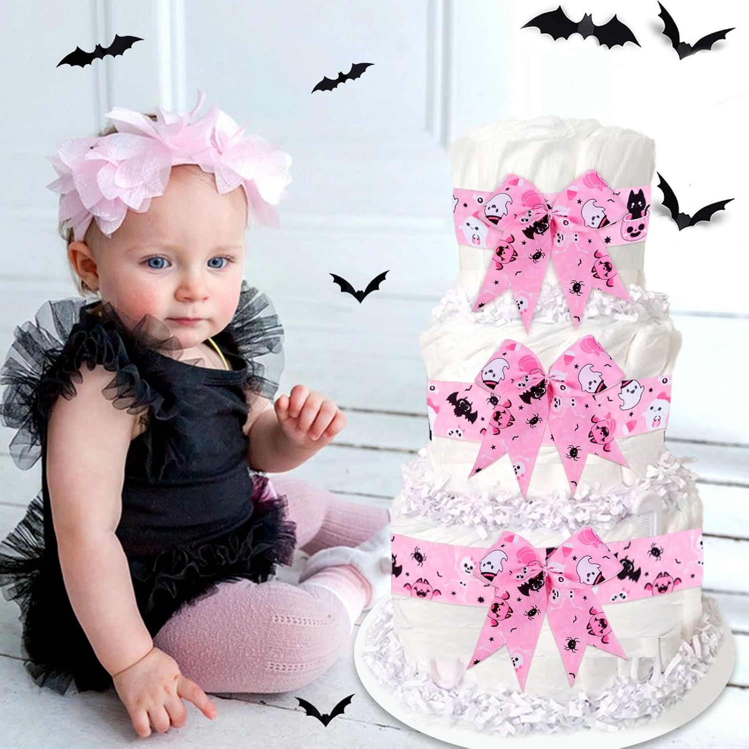 2 Rolls 10 Yards Pink Black Halloween Grosgrain Ribbons - 2.95 Inch Ghost Spider Pumpkin Bat Printed Ribbon, Halloween Themed Fabric Ribbon for Diaper Cake Decorations Wrapping Gifts